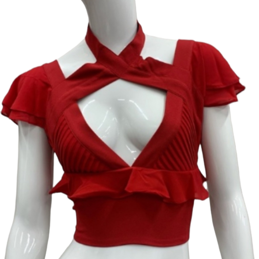 Nasty Gal Cropped Red Plunging Flutter Sleeve Top NWT